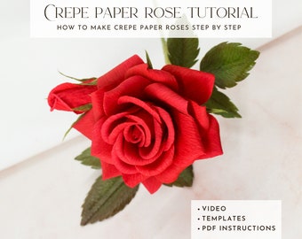 Crepe paper rose template, how to make paper rose, paper flower tutorial, video tutorial, step by step guide, pdf tutorial, diy paper flower