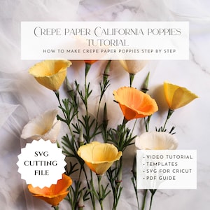 Modello di papaveri della California in carta crespa, svg per cricut, tutorial stampabili in pdf per fiori di carta, come realizzare fiori di carta, fiori di carta fai da te