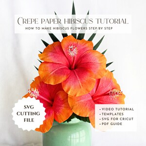 Modello di fiore di ibisco in carta crespa, tutorial in pdf per fiori di carta, svg per cricut, come realizzare, modello di fiori tropicali, fiori di carta fai da te