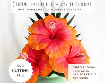 Crepe paper hibiscus flower template, pdf paper flower tutorials, svg for cricut, how to make, tropical flowers pattern, DIY paper flowers