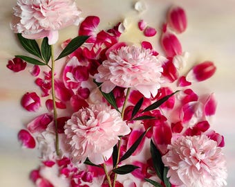 Tallos de peonía de papel crepé, peonías de papel realistas, flores para ramos de novia y decoración primaveral.