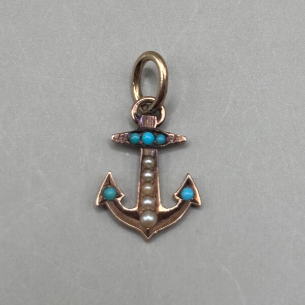 Antique Edwardian 9k Gold Anchor with Turquoise and Seed Pearl Pendant/Charm