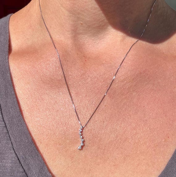 Vintage 10k White Gold and Diamond Wave Pendant Necklace