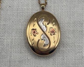 Vintage 14k Gold Filled Engraved Tri-Tone Oval Locket Pendant Necklace