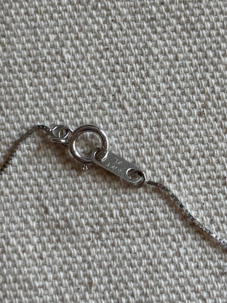 May include: Close-up of a silver necklace clasp and chain. The clasp is a circular ring with a small rectangular tag that reads "10KT" and "KL". The chain is a delicate box chain style.