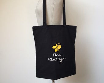 Bee Vintage Tote Bag, Black Tote Bag, Cotton Tote Bag