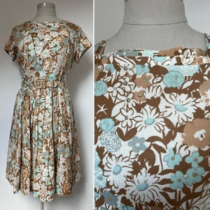 1950s Teal and Mocha Dress, 1950s Floral Print Dress, 1950s Dress, Mid Centuty Dress, Size M, Size L