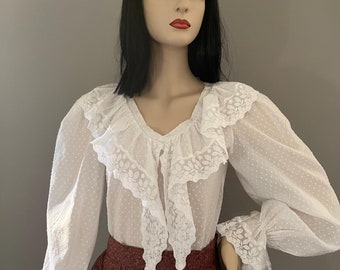 1970s LAURA ASHLEY White Swiss Dot Voile Blouse, Size 30” 32” X, XS