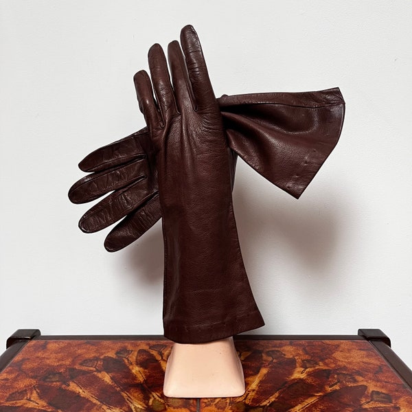 70s Brown Leather Gloves, 70s Bracelet Length Gloves, Brown Leather Bracelet Length Gloves, Size 7.5