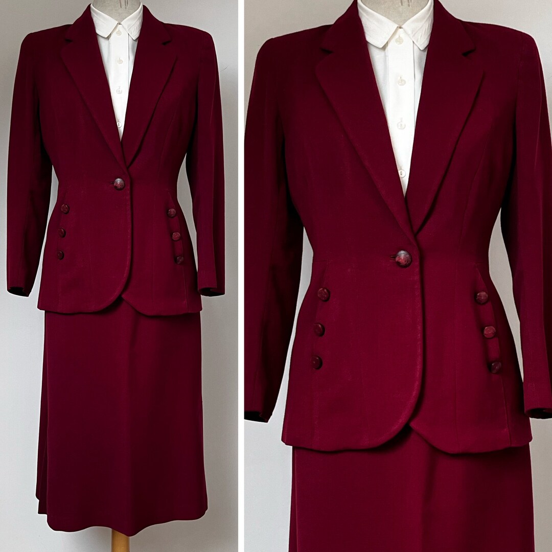 Exceptional Late 1940s Maroon Wool Gabardine Skirt Suit, Late 1940s
