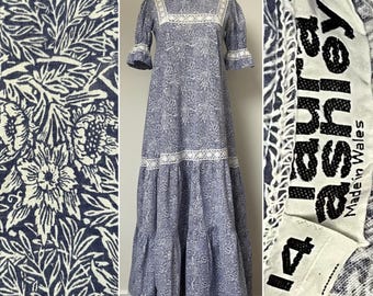 Early 1970s LAURA ASHLEY Dress, William Morris Print, Original Label, Made in Wales, Black and White Label, 34”