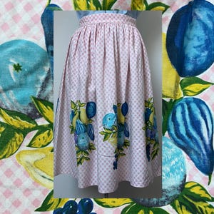 1950s Novelty Skirt, Pink Gingham, Fruit Print, Waist 28”