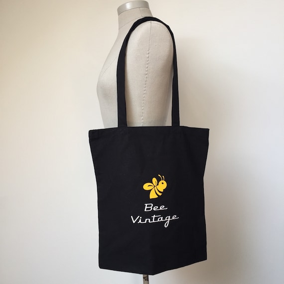 Bee Vintage Tote Bag, Black Tote Bag, Cotton Tote Bag