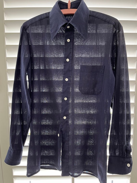 1970s Cheesecloth Shirt 1970s Navy Blue Shirt 1970s Dagger Collar 70s Shirt