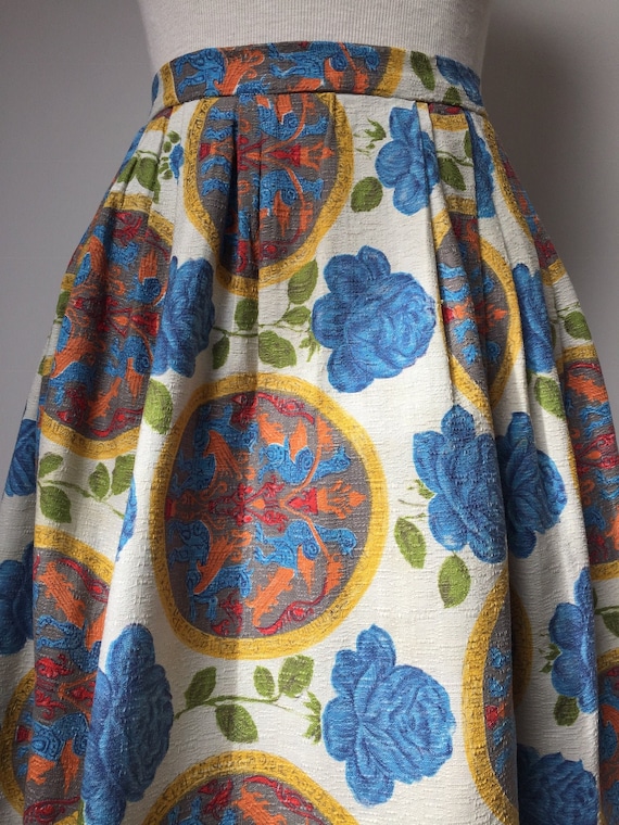 1950s Barkcloth Skirt, 1950s Novelty Print Skirt