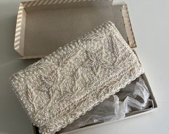 UNUSED 1950s Beaded Satin Evening Bag in Original Box, Aurora Sequins
