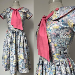 1950s Novelty Print Dress, Painterly Print, B36”,  B38”