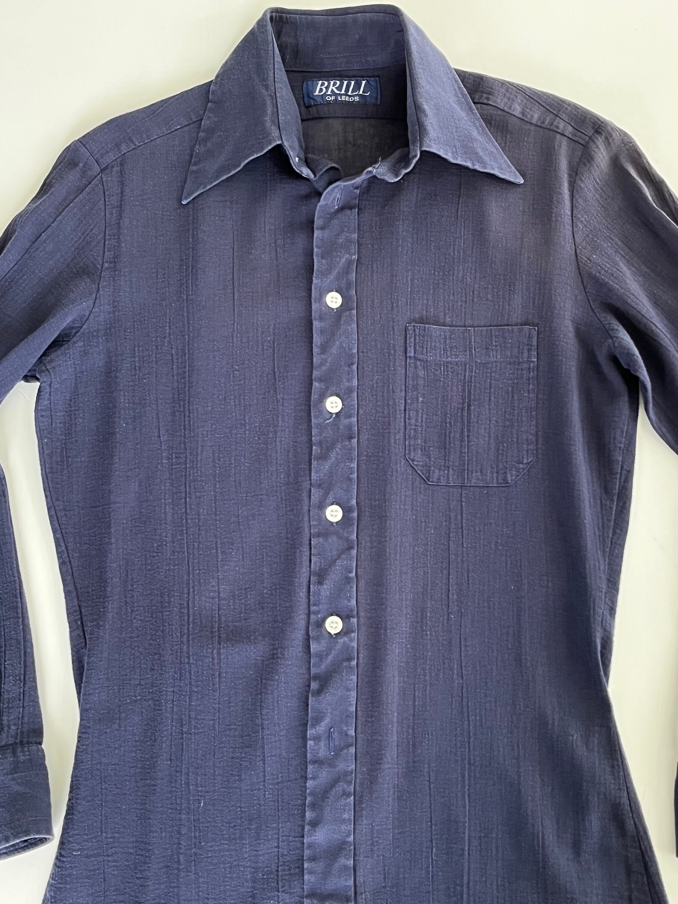 1970s Cheesecloth Shirt, 1970s Navy Blue Shirt, 1970s Dagger Collar ...