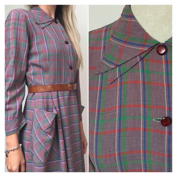 40s Double Collar Dress, 40s Plaid Dress, 40s Day