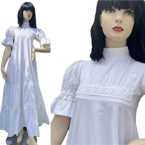 Jaren 1970 LAURA ASHLEY-jurk, gemaakt in Wales, trouwjurk jaren 1970, witte maxi-jurk jaren 1970, maat S XS