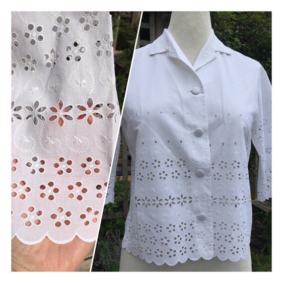 1940s 1950s White Broderie Anglaise Blouse