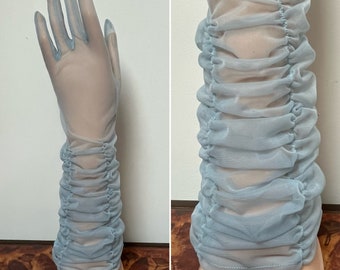 1950s Sheer Ruched Gloves, 1950s Powder Blue Gloves, 1950s Bracelet Length Gloves, 1950s Gloves