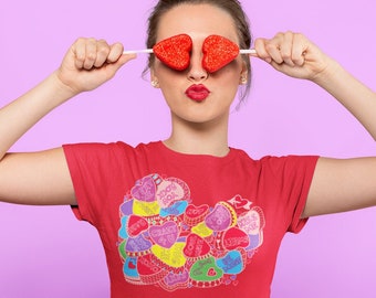 Valentines Day Candy Graphic Hearts Tee, Girlfriend Gift, Love Shirt, Women's Heavy Cotton T-shirt Soft Tees, Boho Fashion T-shirt Art