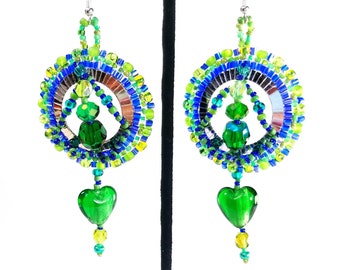 Emerald Green Hearts Beaded Dangling Earrings: Green and Blue Czech Glass and Faceted Crystals, Silver, Fashion Jewelry