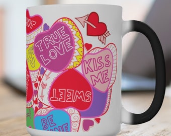 Color-Changing Mug Valentines Day Candy Hearts, Messages of Love, Coffee Cup, Girlfriend Gift, Boyfriend Present, Gift of Love