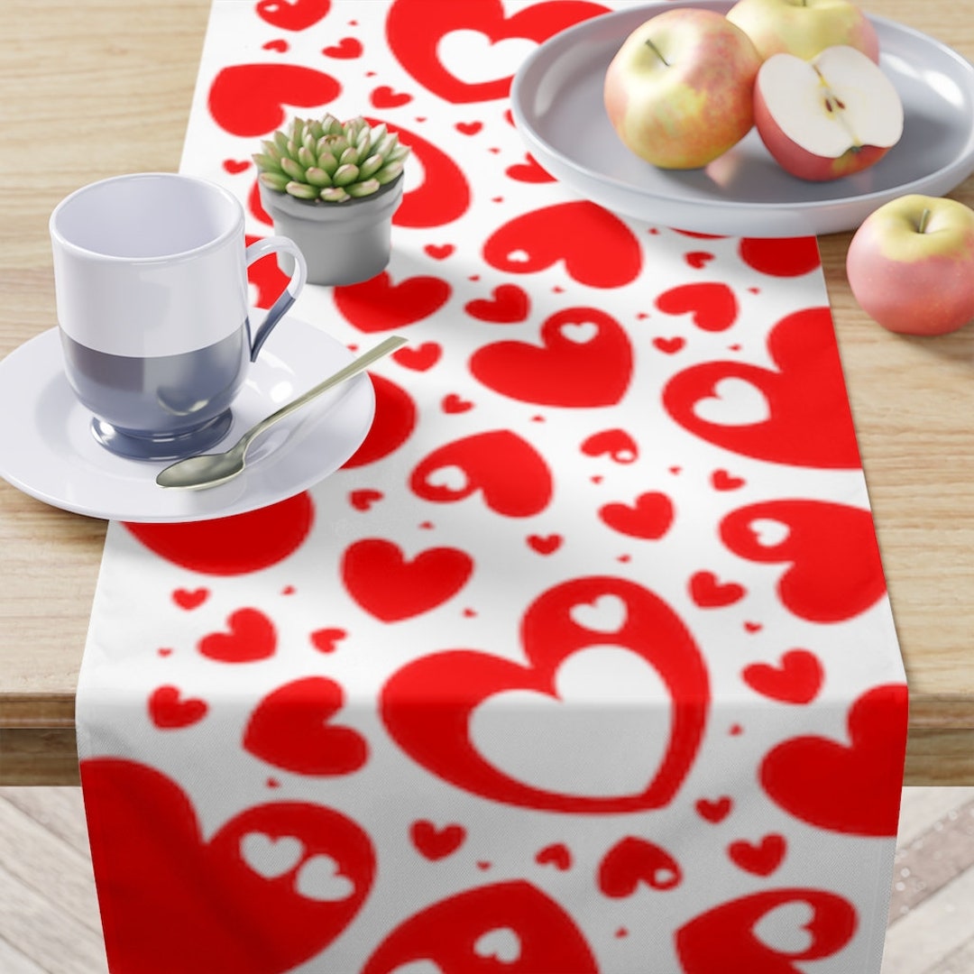 Valentine Hearts Table Runner, Valentines Day Table Linens, Red Hearts Decorations, Romantic