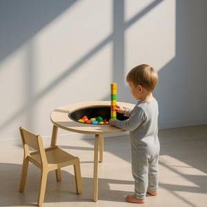 Puede incluir: Una mesa de juego infantil de color madera clara con un centro negro y una pequeña silla a juego. Un niño está construyendo una torre con bloques de madera de colores. La mesa es redonda y tiene tres patas.