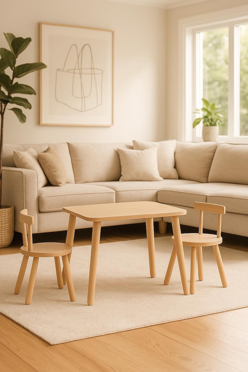 May include: A light-colored wooden children's table with rounded corners and four tapered legs, accompanied by two matching wooden chairs with low backrests and round seats, all featuring a smooth, natural finish and simple construction.