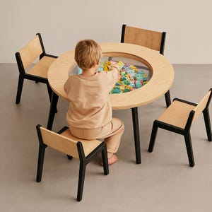 Montessori Birch Activity Table with Storage and 2 Chairs | Kids Play Set (D-85 cm)
