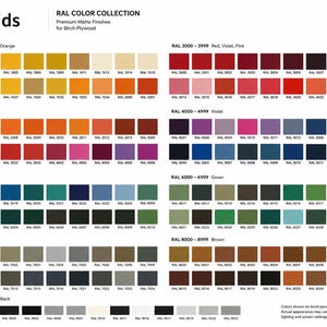 May include: A comprehensive RAL color collection chart by PIDkids featuring a wide array of matte finish swatches for birch plywood. The grid displays numbered color codes categorized by hue, including yellow, orange, red, violet, blue, green, grey, brown, white, and black.