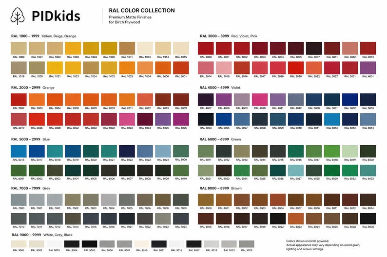 May include: A comprehensive RAL color collection chart by PIDkids featuring a wide array of matte finish swatches for birch plywood. The grid displays numbered color codes categorized by hue, including yellow, orange, red, violet, blue, green, grey, brown, white, and black.