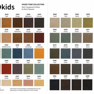 May include: A PIDkids Wood Tone Collection color chart displaying a grid of semi-transparent finishes for birch plywood. The chart features numbered swatches ranging from 3440 to 3469 and 5062 to 5089, showcasing various wood stains, earth tones, and muted colors.