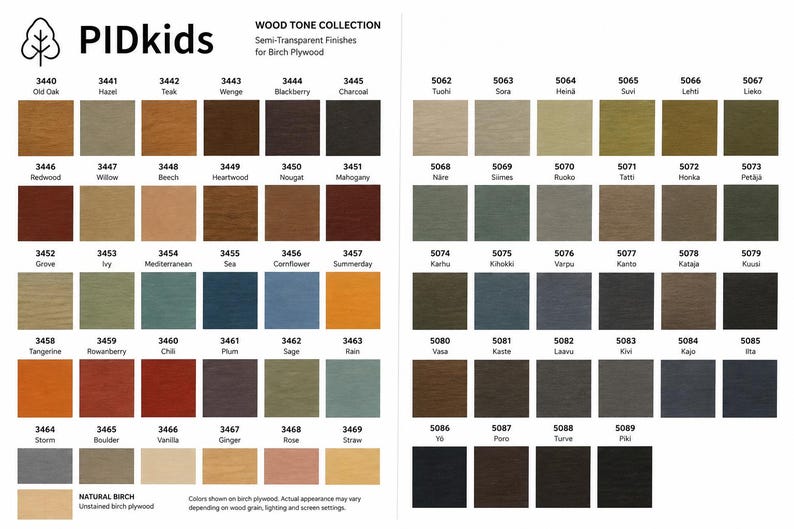 May include: A PIDkids Wood Tone Collection color chart displaying a grid of semi-transparent finishes for birch plywood. The chart features numbered swatches ranging from 3440 to 3469 and 5062 to 5089, showcasing various wood stains, earth tones, and muted colors.