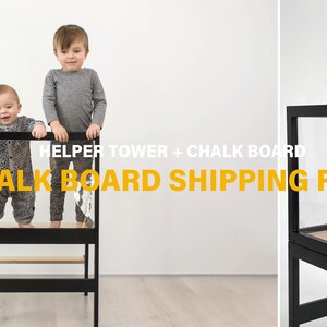 May include: A black wooden helper tower with a natural wood platform and a built-in chalkboard attachment. The structure features a sturdy frame with a step and a standing area. Text on the image reads HELPER TOWER + CHALK BOARD CHALK BOARD SHIPPING FREE.