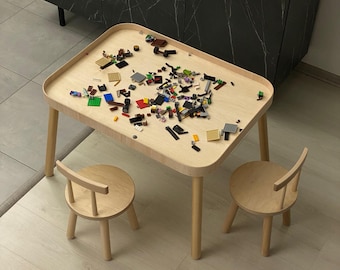 Montessori Activity Table with Chairs | Kids Sensory Table, Birch Plywood, Raised Edge, 60x80 cm