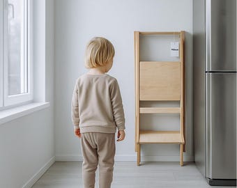 Taburete plegable Montessori con escalón – Torre compacta de abedul para niños pequeños HT Folding