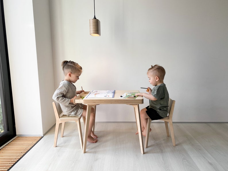 Table for TWINS with 2 chairs and 2 drawers for 1,5 to 8 years kids Montessori Children's Table, Activity Table Table 2 chairs image 1