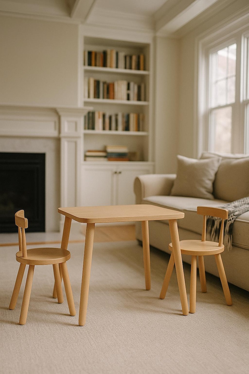 May include: A light-colored wooden table with rounded corners and four tapered legs, accompanied by two matching chairs. Each chair features a circular seat, a curved backrest, and four splayed legs, creating a coordinated furniture set.