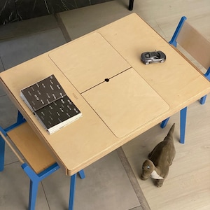 Könnte beinhalten: Ein Kindertisch aus hellem Holz mit blauen Beinen und zwei passenden Stühlen. Die Tischplatte verfügt über eine mittige, herausnehmbare Platte mit einer kleinen runden Aussparung. Ein kleines graues Spielzeugauto und ein Buch liegen darauf.