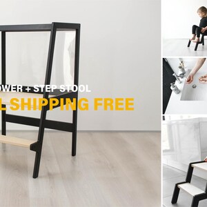 May include: A black and light wood helper tower and step stool with a frame that converts between a tall standing platform and a two-step stool. The text HELPER TOWER + STEP STOOL is visible on the main image, which shows the product in various configurations.
