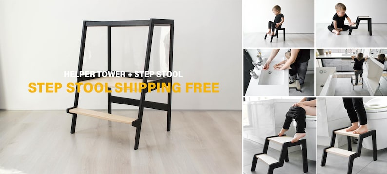 May include: A black and light wood helper tower and step stool with a frame that converts between a tall standing platform and a two-step stool. The text HELPER TOWER + STEP STOOL is visible on the main image, which shows the product in various configurations.