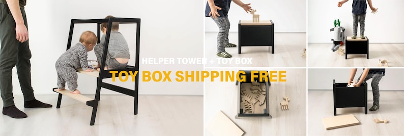 May include: A black wooden helper tower that converts into a toy box with a natural wood top. The structure features a step for climbing and a storage compartment. Text on the image reads HELPER TOWER + TOY BOX. The design is functional and modular.