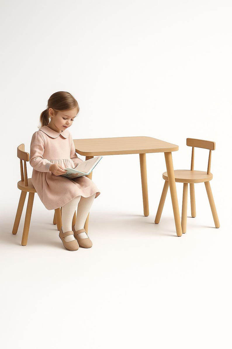 May include: A light wood children's table and two matching chairs with rounded seats and backrests. The table has a rectangular top with rounded corners and four tapered legs. The chairs feature a simple design with four legs and a low backrest.