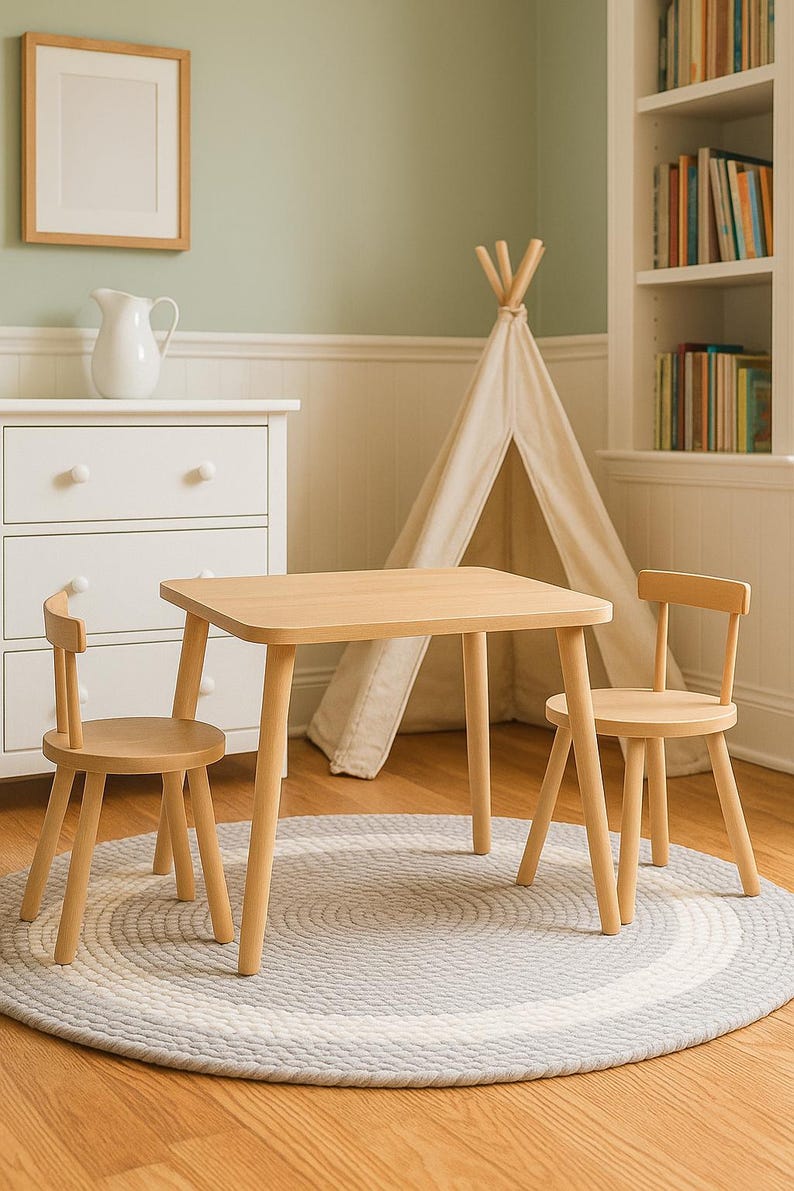 May include: A light-colored wooden table with rounded corners and four tapered legs, accompanied by two matching wooden chairs with low backrests, all positioned on a circular gray and white braided rug in a room with light wood flooring.