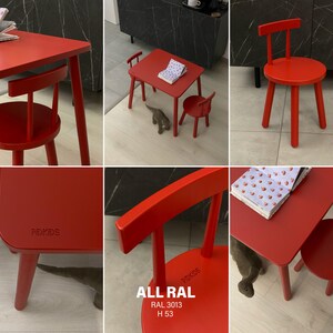 May include: A bright red children's table and chair set with a smooth finish. The table features the brand name PIDKIDS embossed on the surface. The chair has a round seat and a curved backrest. Text on the image includes ALL RAL RAL 3013 H 53.