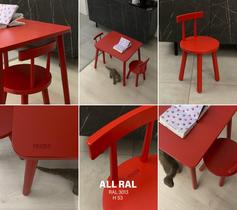 May include: A bright red children's table and chair set with a smooth finish. The table features the brand name PIDKIDS embossed on the surface. The chair has a round seat and a curved backrest. Text on the image includes ALL RAL RAL 3013 H 53.